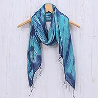 Batik silk scarf, 'Ocean Delight'