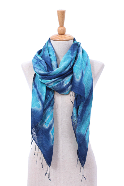 Batik silk scarf, 'Ocean Delight' - Batik Printed Silk Scarf