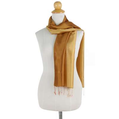 Rayon and silk blend scarf, 'Golden Brown Shimmer' - Golden Ombré Rayon and Silk Blend Scarf for Women