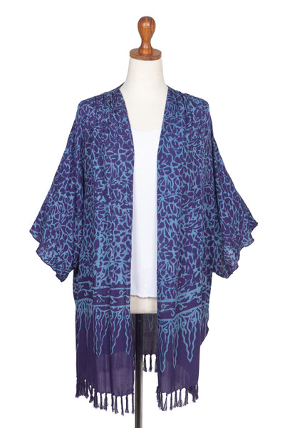 Rayon batik kimono, 'Waterways' - Rayon Batik Kimono Jacket in Blue Violet Print
