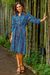 Cotton shirtdress, 'Virtuous Vine' - Vine Motif Cotton Shirtdress in Azure from Ghana