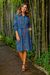 Cotton shirtdress, 'Virtuous Vine' - Vine Motif Cotton Shirtdress in Azure from Ghana