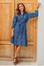 Cotton shirtdress, 'Virtuous Vine' - Vine Motif Cotton Shirtdress in Azure from Ghana
