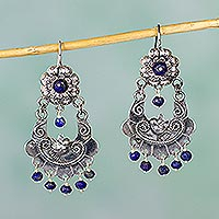 Lapis lazuli chandelier earrings, 'Mazahua Doves' - Authentic Mazahua Sterling Silver Earrings with Lapis Lazuli