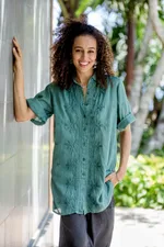 Embroidered cotton tunic, 'Festive Jade' - Hand-Embroidered Cotton Tunic from India