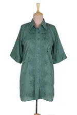 Embroidered cotton tunic, 'Festive Jade' - Hand-Embroidered Cotton Tunic from India