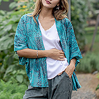 Batik rayon kimono jacket, 'Emerald Ocean' - Handmade Batik Rayon Kimono Jacket