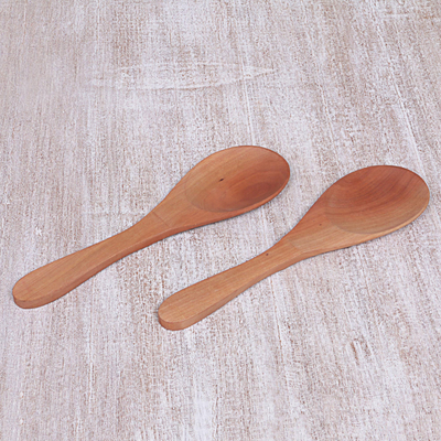 Wood spoons, 'Calm Grain' (pair) - Hand Carved Sawo Wood Spoons from Indonesia (Pair)