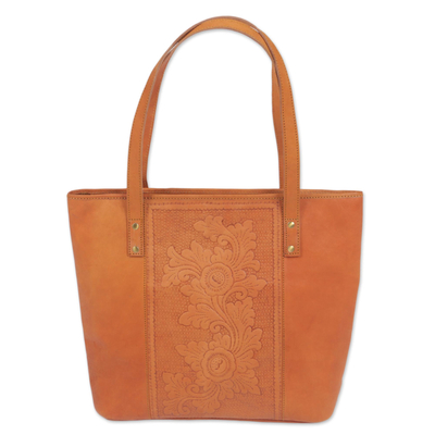 Leather tote handbag, 'Petaled Temple' - Hand Made Leather Floral Tote Handbag from Indonesia