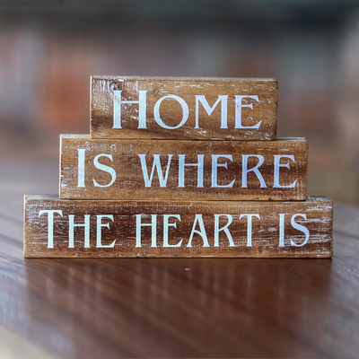 Decorative wood blocks, 'Loving Home' (set of 3) - Brown Wood Inspirational Sign Blocks (Set of 3) Indonesia