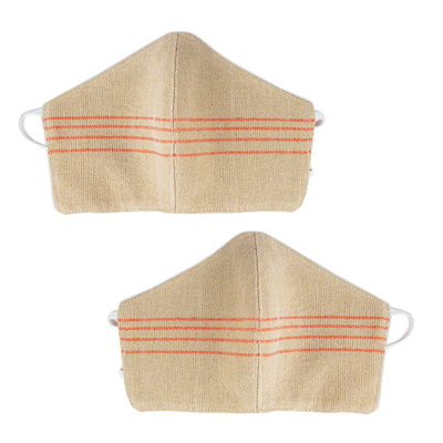 Cotton face masks, 'Tropical Tangerine' (pair) - 2 Handwoven Beige and Orange Cotton Headband Face Masks