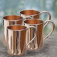 Copper mugs, 'Toast to Friendship' (set of 4) - Hand Made Copper Mugs with Handles (Set of 4) from India