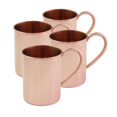 Copper mugs, 'Toast to Friendship' (set of 4) - Hand Made Copper Mugs with Handles (Set of 4) from India
