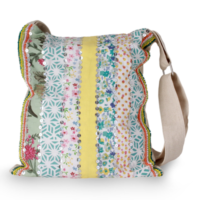 Embellished cotton shoulder bag, 'Garden Path' - Handmade Floral Cotton Shoulder Bag from India