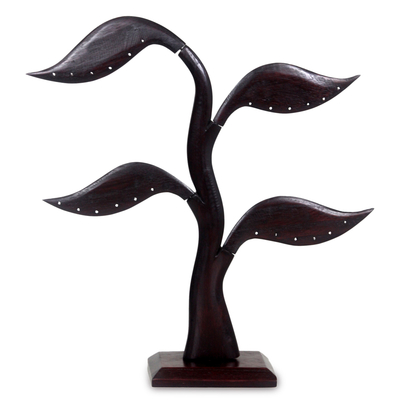 Wood earring tree, 'Daun Salam in Black' - Bayleaf Earring Stand Sculpture Hand-carved Wood