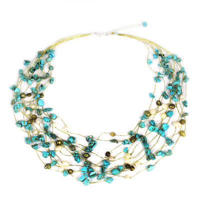 Pearl strand necklace, 'Cool Shower' - Beaded Turquoise Colored Necklace