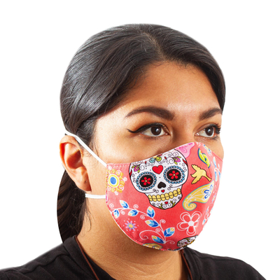 Cotton and polyester face masks, Pink Floral Skeletons (pair)