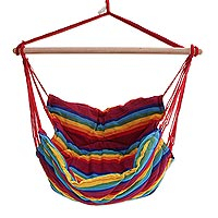 Cotton hammock swing, 'Jungle Rainbow' (single) - Single Multicolored Striped Cotton Hammock Swing from Brazil