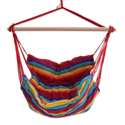 Cotton hammock swing, 'Jungle Rainbow' (single) - Single Multicoloured Striped Cotton Hammock Swing from Brazil