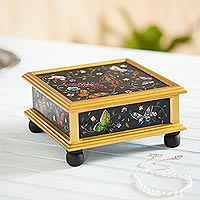 Reverse-painted glass decorative box, 'Midnight Garden' - Black Reverse-Painted Glass Decorative Box with Butterflies