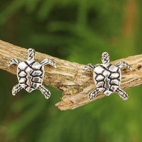 Sterling silver button earrings, 'Baby Sea Turtle' - Sterling Silver Button Earrings