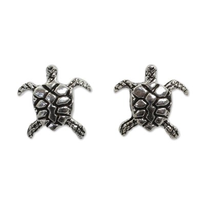 Sterling silver button earrings, 'Baby Sea Turtle' - Sterling Silver Button Earrings
