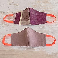 Cotton face masks, 'Resilience' (pair) - 2 Handwoven Masks in Berry Stripes & Solid Mauve Cotton