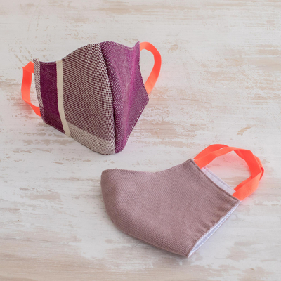 Cotton face masks, 'Resilience' (pair) - 2 Handwoven Masks in Berry Stripes & Solid Mauve Cotton