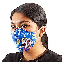 Cotton and polyester face masks, 'Blue Floral Skeletons' (pair) - 2 Double Layer Blue Halloween Print Cotton Elastic Headband