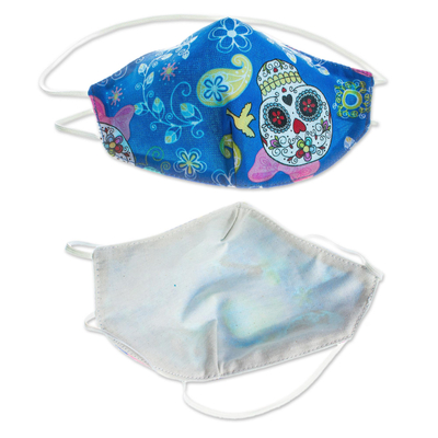 Cotton and polyester face masks, 'Blue Floral Skeletons' (pair) - 2 Double Layer Blue Halloween Print Cotton Elastic Headband