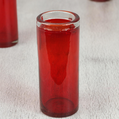Blown glass drinking glasses, 'Ruby' (set of 6) - Red Hand Blown Mexican Tequila Shot Glasses Set of 6