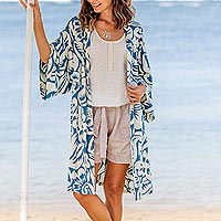 Rayon robe, 'Blue Floral Jungle' - Tropical Print Women's Blue and Ivory Rayon Robe
