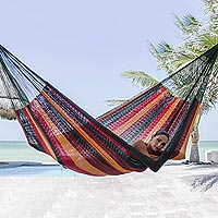 Cotton hammock, 'Red Wine Sunset' (double) - Unique Rope Hammock from Mexico (Double)