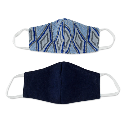 Mascarillas de algodón, (par) - 2 Máscaras de algodón azul tejidas a mano en brocado y azul marino sólido