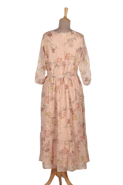 Chiffon a-line dress, 'Romantic Revival in Pale Peach' - Floral-Printed Chiffon Dress with Golden Lurex