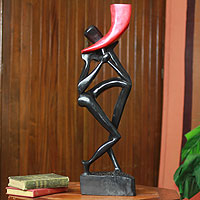 Wood sculpture, 'Horn Blower in Shadow' - Wood sculpture