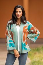 Cotton blend cardigan, 'Tropical Trend' - Multicolored Jacquard Knit Cardigan