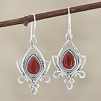 Onyx dangle earrings, 'Sunset Lotus' - Sterling Silver and Red Onyx Dangle Earrings