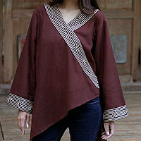 Cotton blouse, 'China Paths in Dark Brown' - Embroidered Cotton Blouse