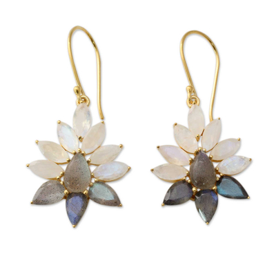 Gold vermeil rainbow moonstone and labradorite dangle earrings, 'Dawn Aura' - Rainbow Moonstone and Labradorite Gold Vermeil Earrings
