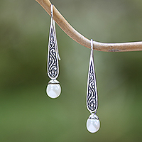 Cultured pearl dangle earrings, 'Rising Swirls' - Cultured Pearl Spiral Motif Dangle Earrings from Bali