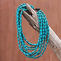 Wood beaded strand necklace, 'Cute Boho in Teal'