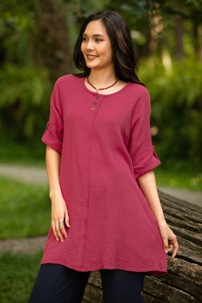 Cotton tunic, 'Fresh Breeze in Raspberry' - Long Cotton Gauze Tunic from Thailand
