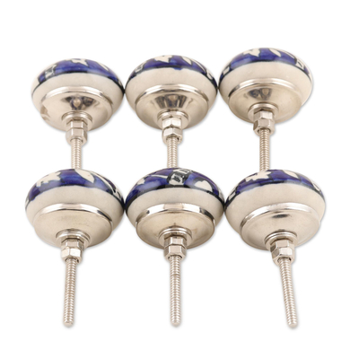 Ceramic knobs, 'Blue Homestead' (set of 6) - Blue Floral Ceramic Knobs from India (Set of 6)