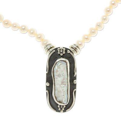Pearl necklace, 'Elongated Pearl' - Mexico Sterling Silver Pearl Pendant Necklace