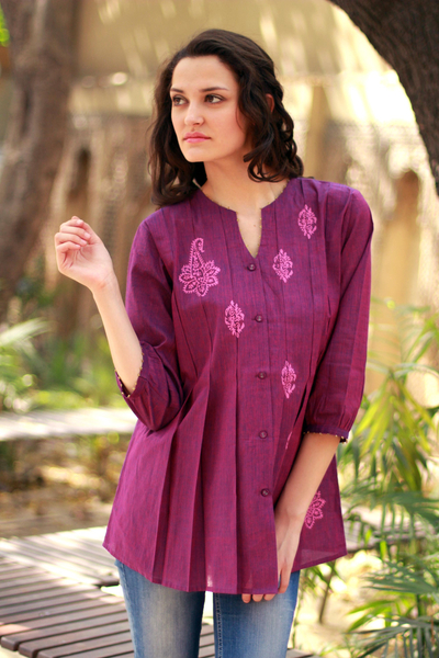 Beaded cotton blouse, 'Magenta Blush' - Beaded Cotton Tunic Blouse Block Printed by Hand