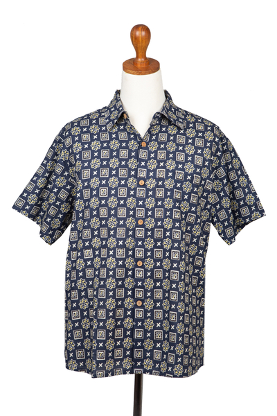Men's cotton shirt, 'Floral Labyrinth in Midnight' - Men's Screen Printed Cotton Shirt