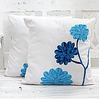 Cotton cushion covers, 'Dahlia Flowers' (pair) - Embroidered Floral Cotton Cushion Covers (Pair) India