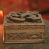 Walnut wood jewelry box, 'Loyal Dragon' - Hand Carved Walnut Wood Jewelry Box