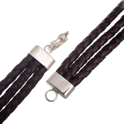 Leather and sterling silver pendant bracelet, 'Staccato' - Artisan Crafted Leather and Sterling Bracelet